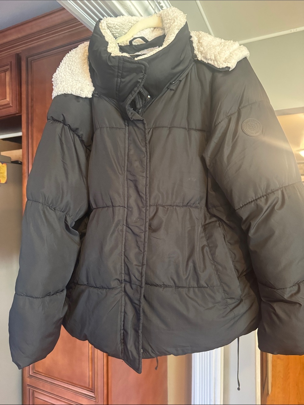 Madden Girl Women’s Black Puffer Jacket with Sherpa Trim